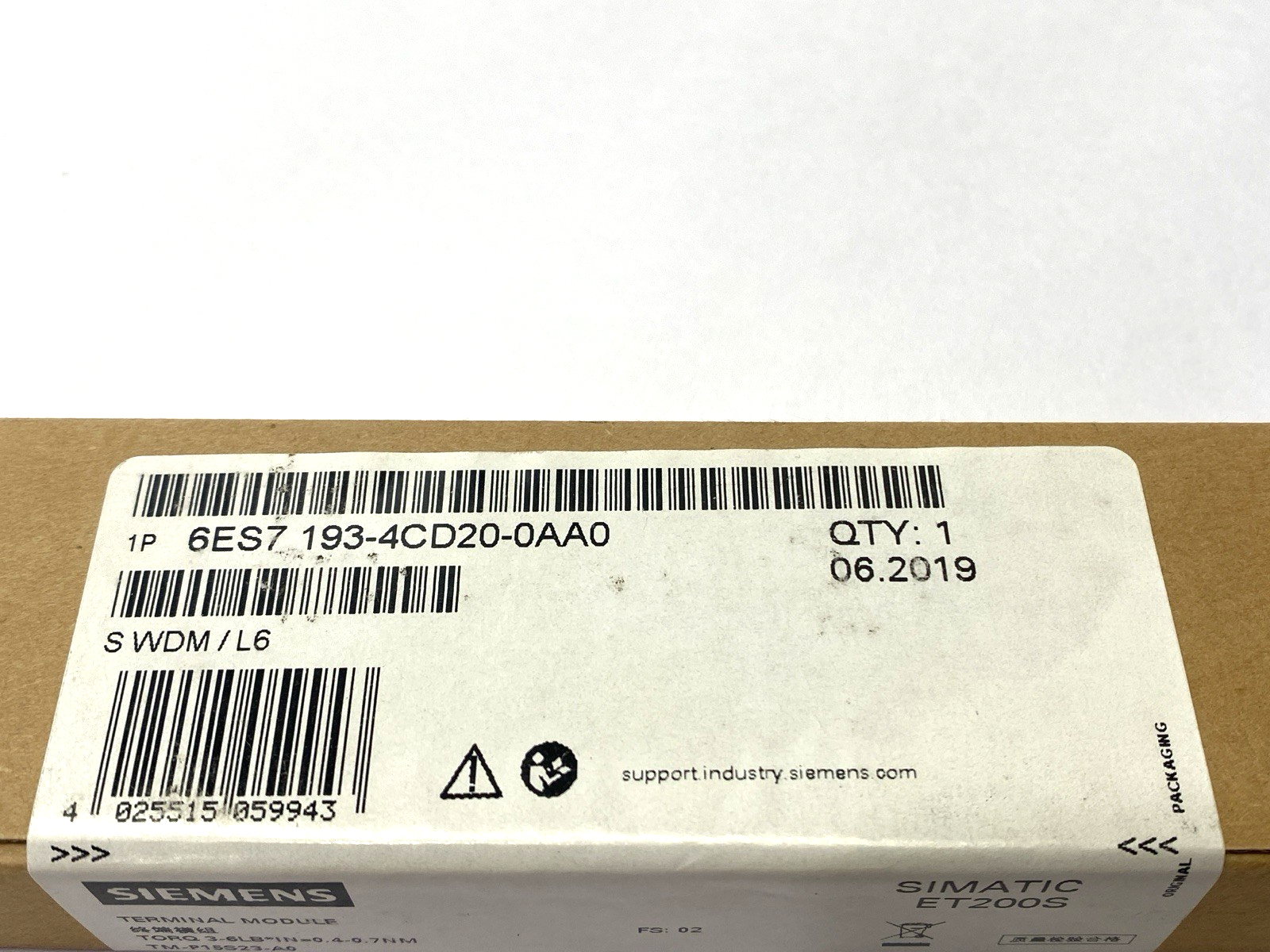 Siemens 6ES7 193-4CD20-0AA0 SIMATIC ET200S Terminal Module 15mm Width - Maverick Industrial Sales