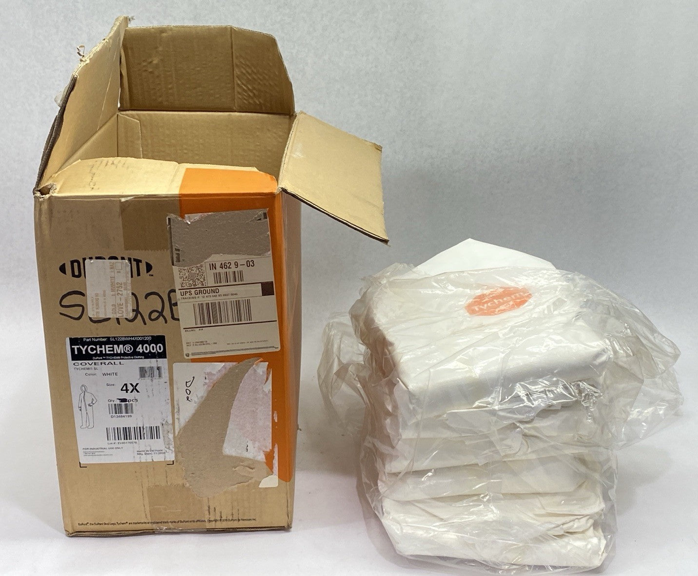 Dupont SL122BWH4X001200 Tychem Safespec 4000 White Size 4X LOT OF 5 - New – Open box - Maverick Industrial Sales