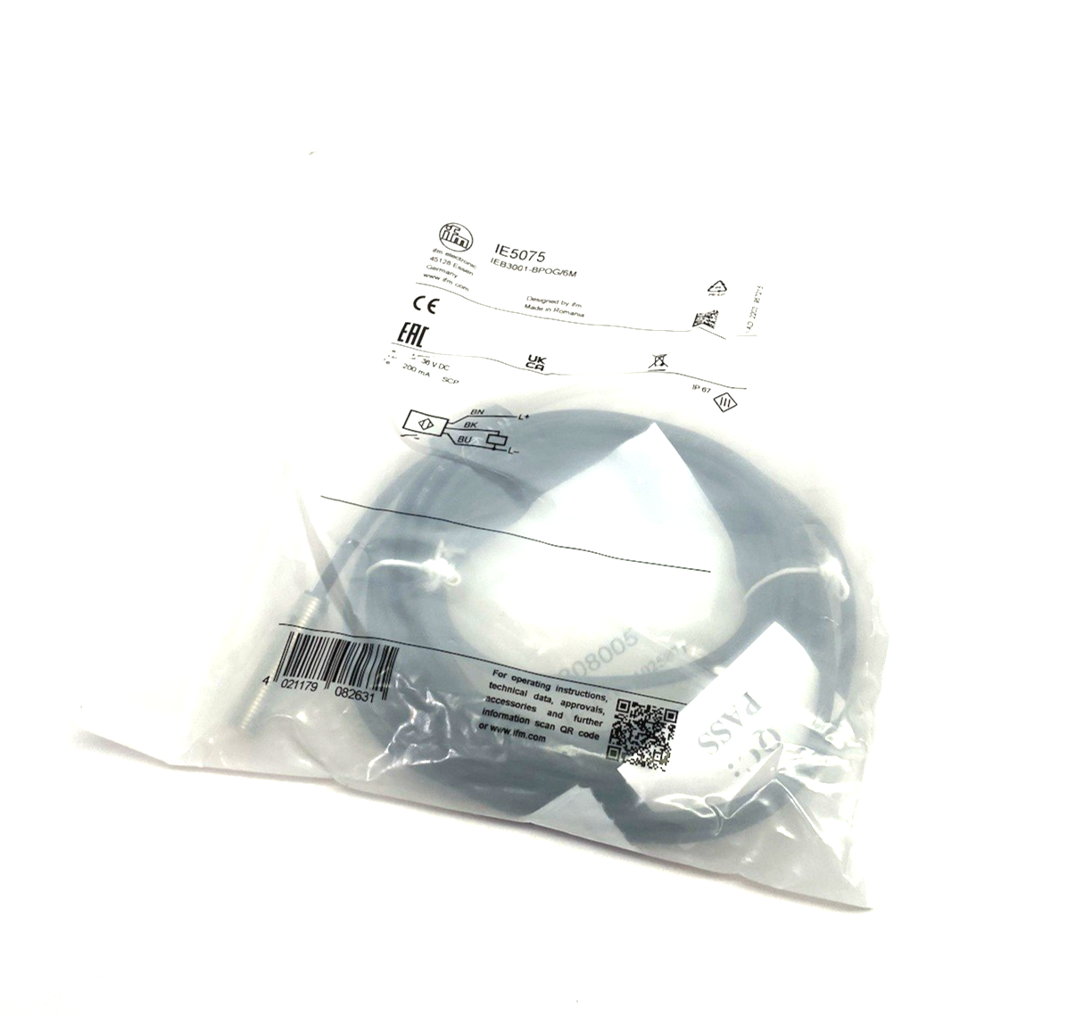 IE5075 | Ifm Short Housing Inductive Sensor, 6m PVC Cable, PNP NO, IEB3001-BPKG/6M - New - Maverick Industrial Sales