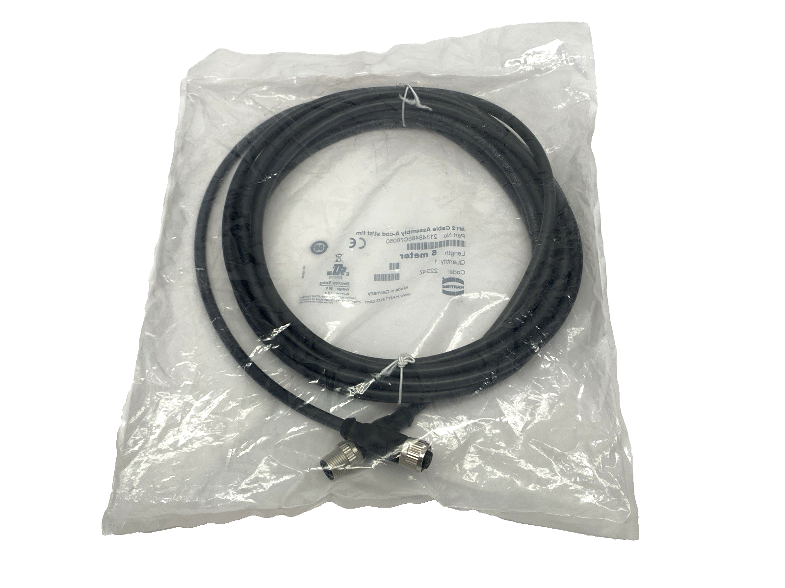 Harting 21348485C78050 Double-Ended Cable Assembly Male to Female M12 5m - Maverick Industrial Sales