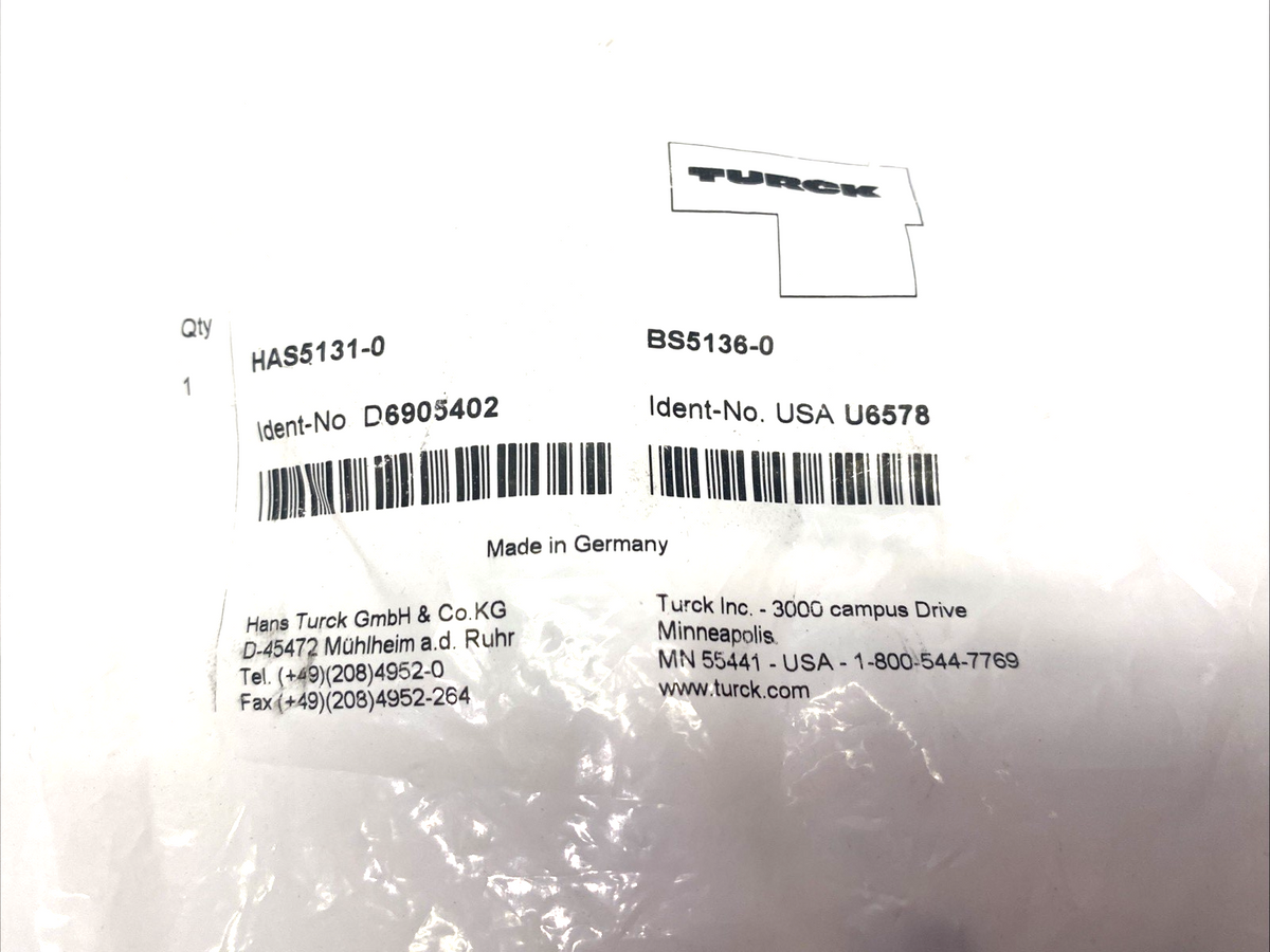 HAS5131-0 | Turck Field Wireable Connector BS5136-0 Identity No. U6578, 6905402 - New - Maverick Industrial Sales