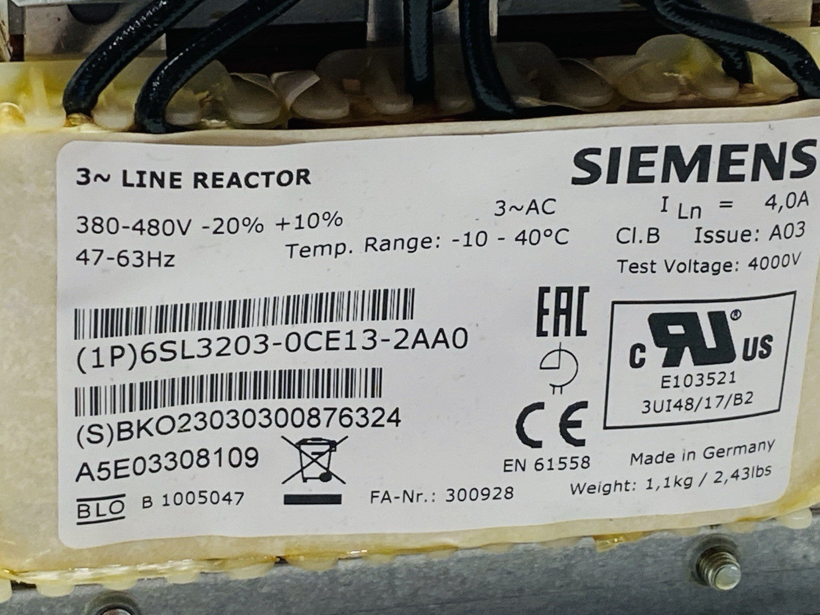 Siemens 6SL3203-0CE13-2AA0 SINAMICS Line Reactor 380-480V 3AC 47-63Hz - Maverick Industrial Sales