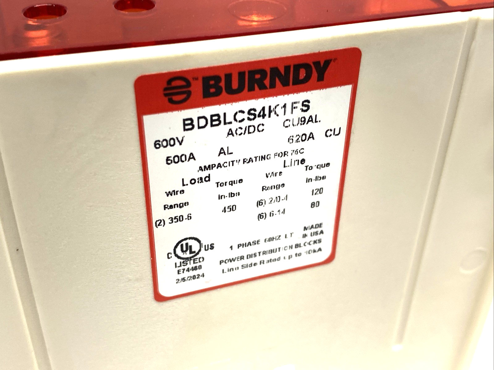 BDBLCS4K1FS | Burndy 1-Pole Finger-Safe Power Distribution Block 600V 620A CU9AL - New – Open box - Maverick Industrial Sales