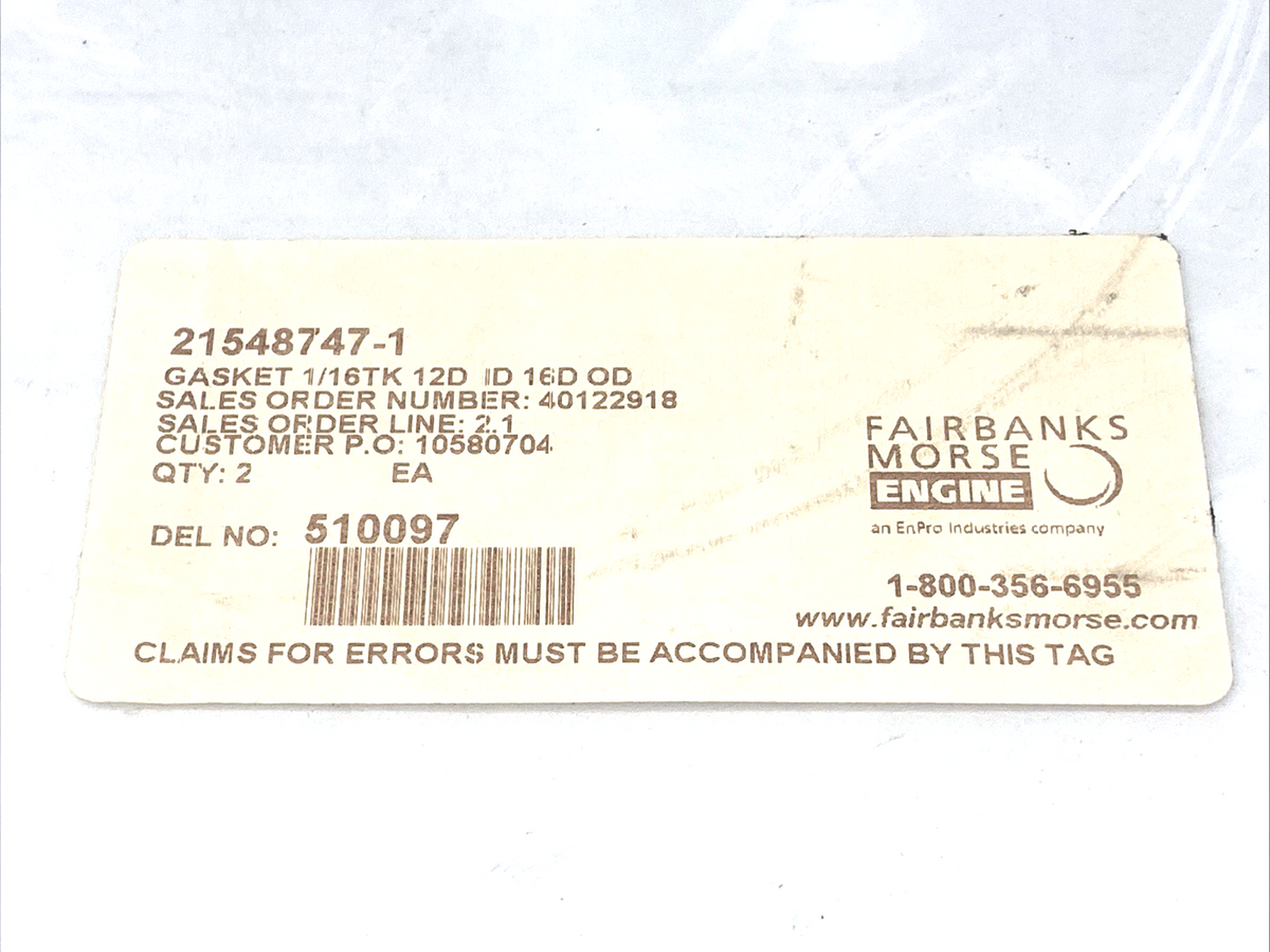 Fairbanks Morse 21548747-1 Heavy-Duty Ring Gasket 1/16TK 12" ID 16" OD LOT OF 2 - Maverick Industrial Sales