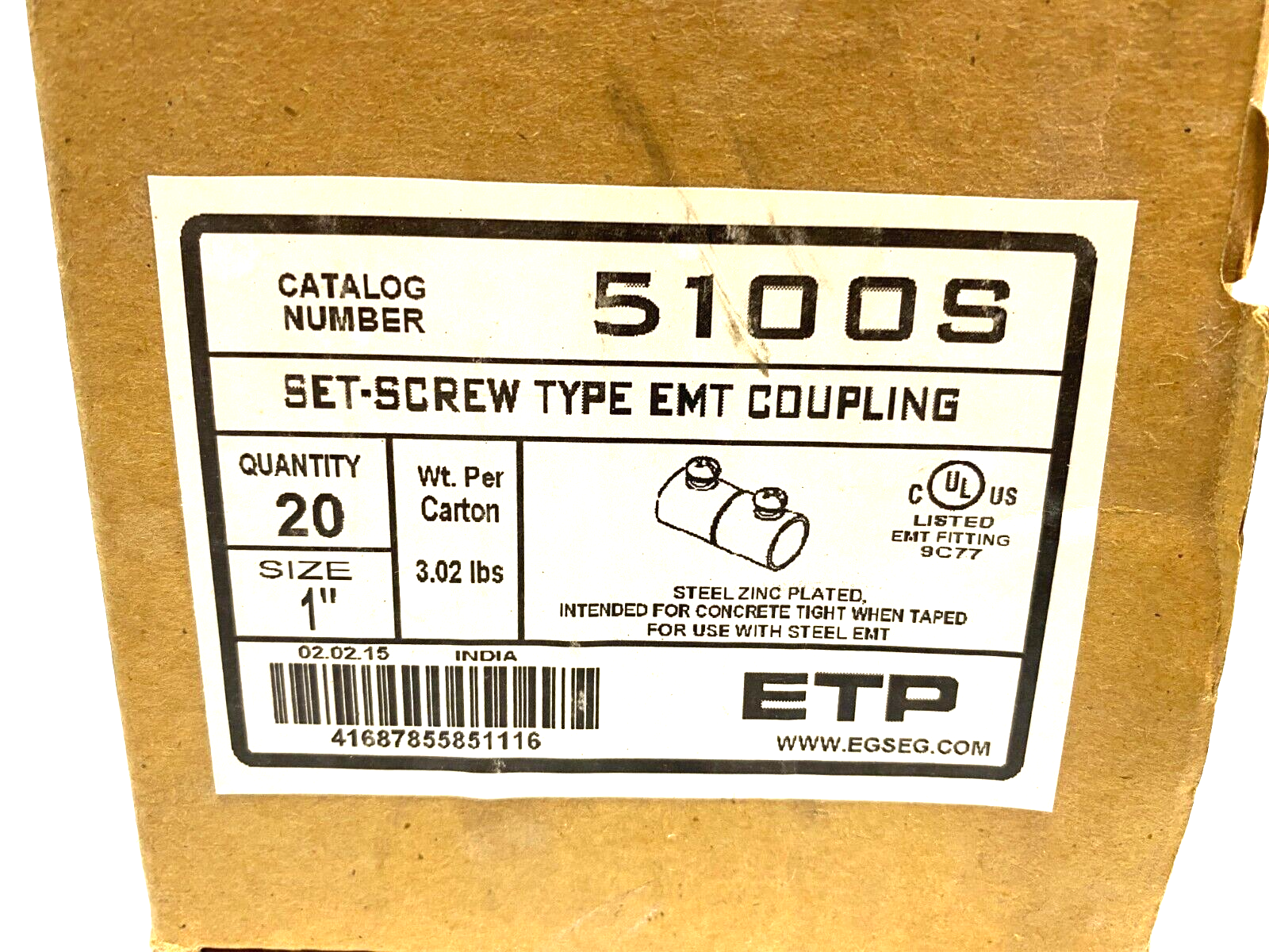 5100S | ETP Set-Screw Type EMT Coupling 1" Zinc Plated PKG OF 20 - New - Maverick Industrial Sales