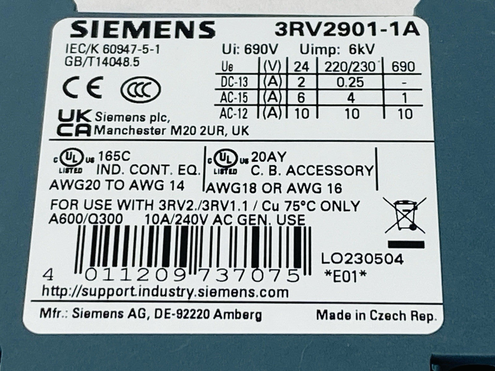 Siemens 3RV2901-1A Auxiliary Contact Block Switch 6kV 690V - Maverick Industrial Sales