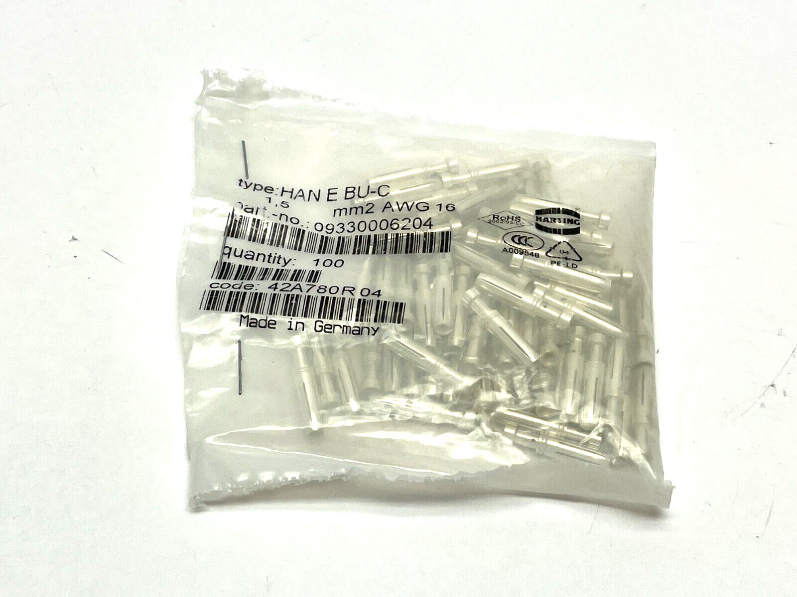 Harting Han E BU-C Crimp Contact Ag 1.5 mm²/ 16 AWG 09 33 000 6204 LOT OF 64 - Maverick Industrial Sales
