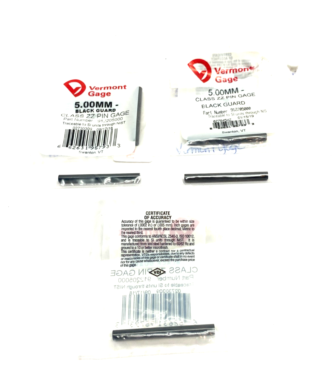 Vermont Gage 912205000 Class ZZ Black Guard Pin Gage LOT OF 5 - Maverick Industrial Sales
