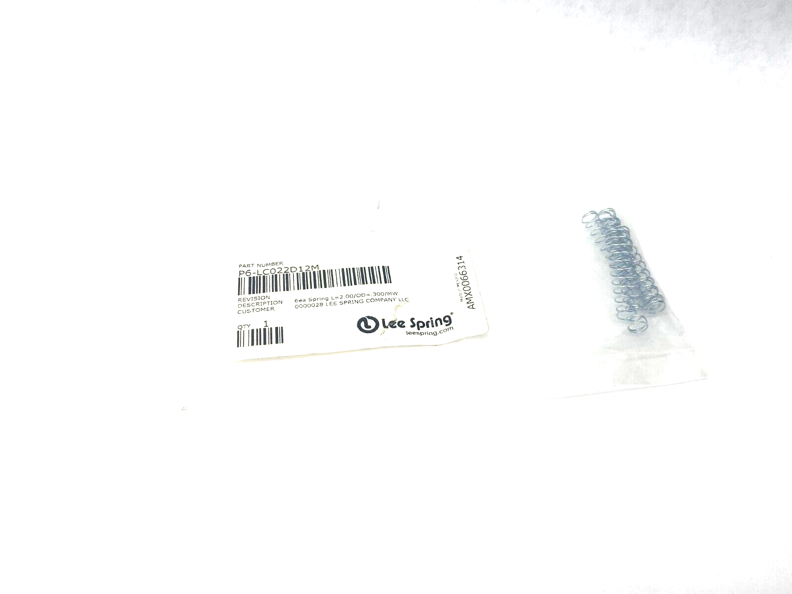 Lee Spring LC022D12M Compression Spring 2.00 OD 0.300 MW PKG OF 6 - Maverick Industrial Sales