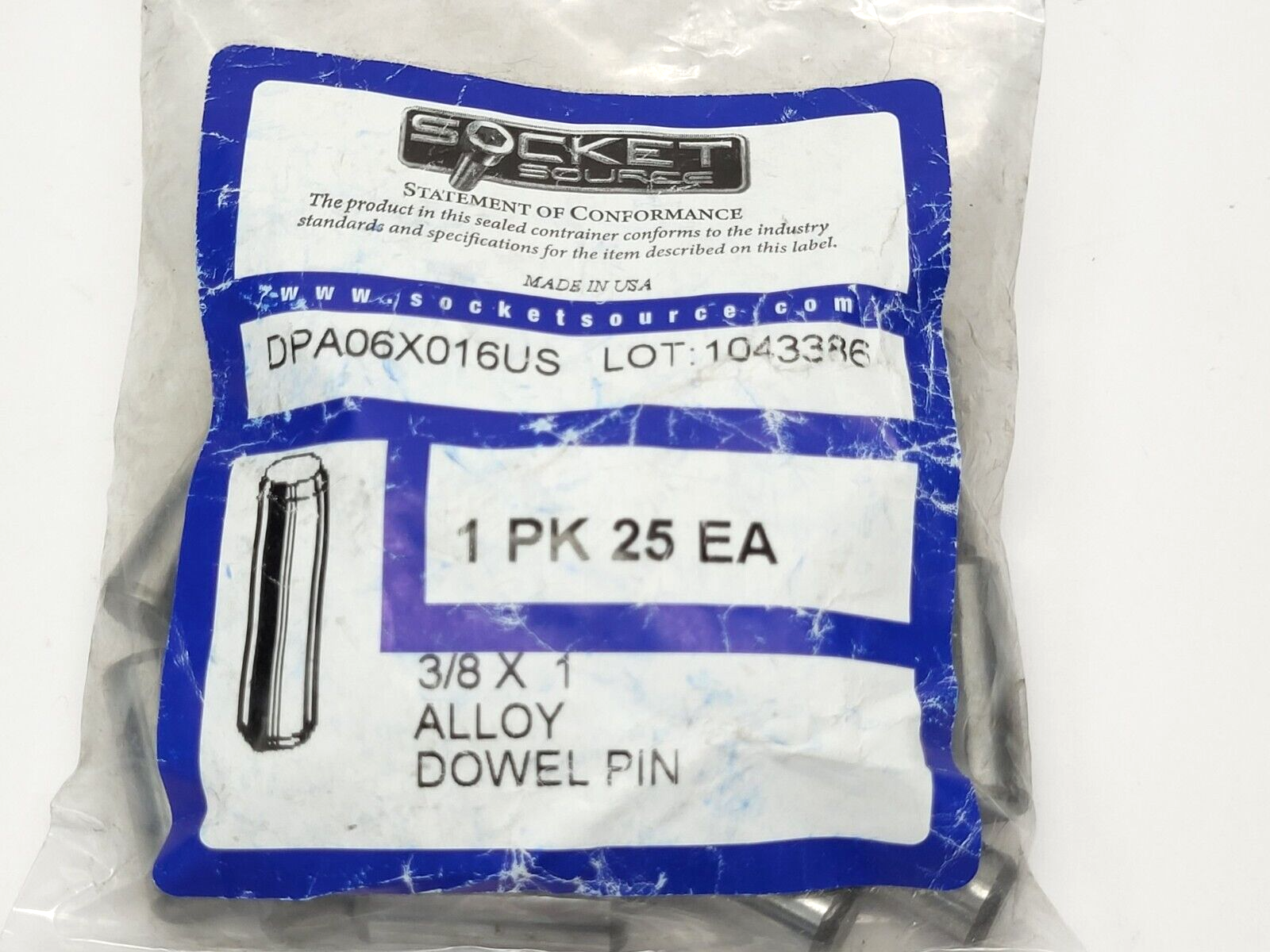 Socket Source DPA06X016US Alloy Dowel Pin 3/8 X 1" LOT OF 25 - Maverick Industrial Sales