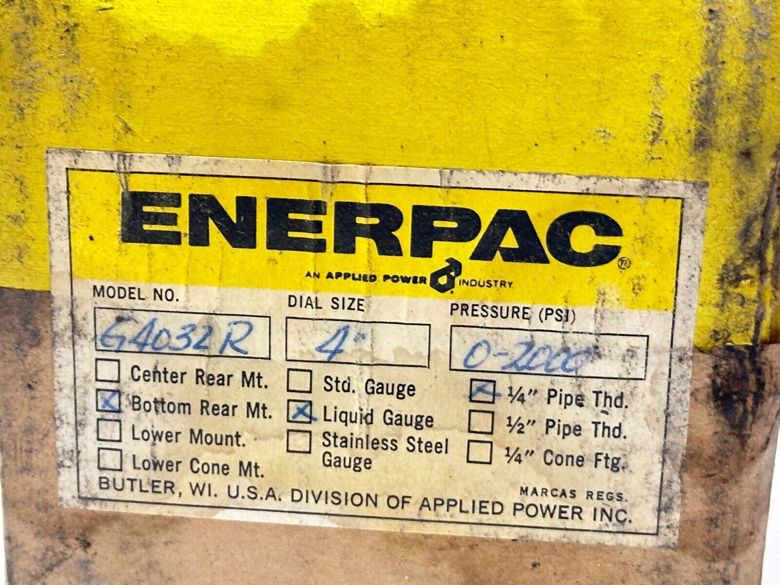 Enerpac G4032R Pressure Gauge Liquid Filled 1/4" NPT 4" 0-2000 PSI - Maverick Industrial Sales