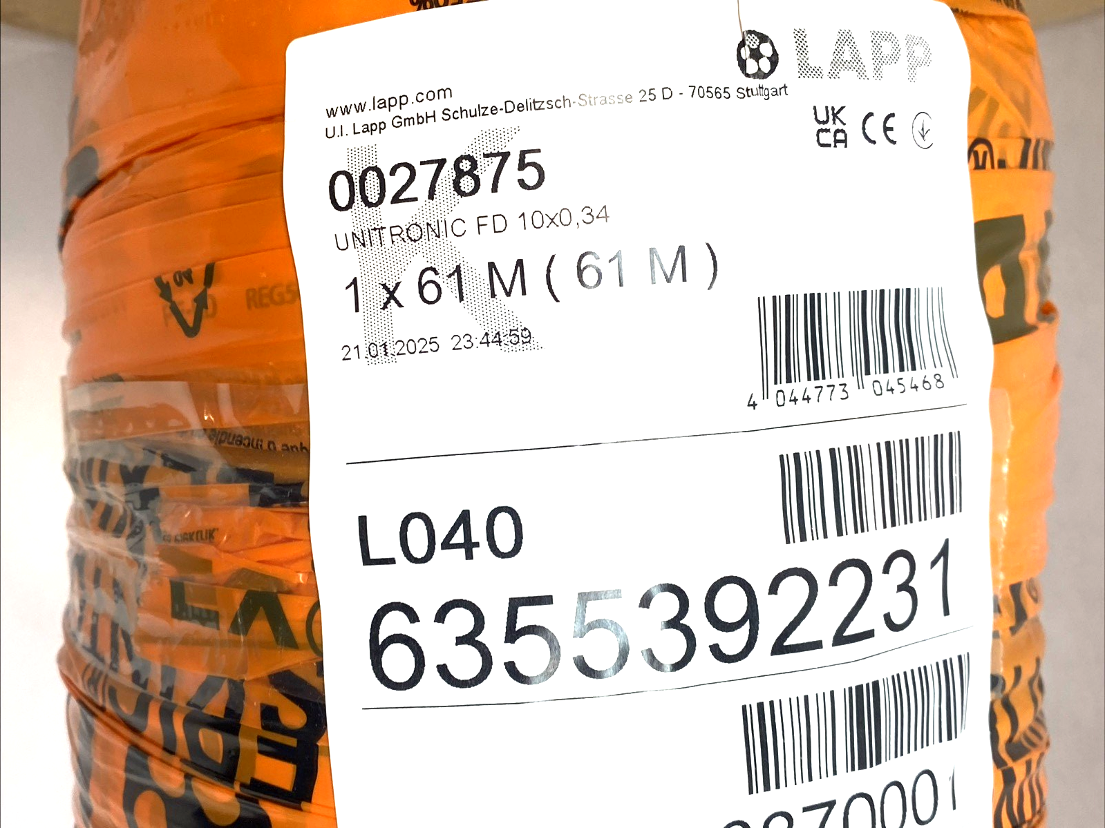 LAPP 27875 UNITRONIC FD Cable 10-Core 22AWG 61m Drag Chain Flexible Control Wire - Maverick Industrial Sales