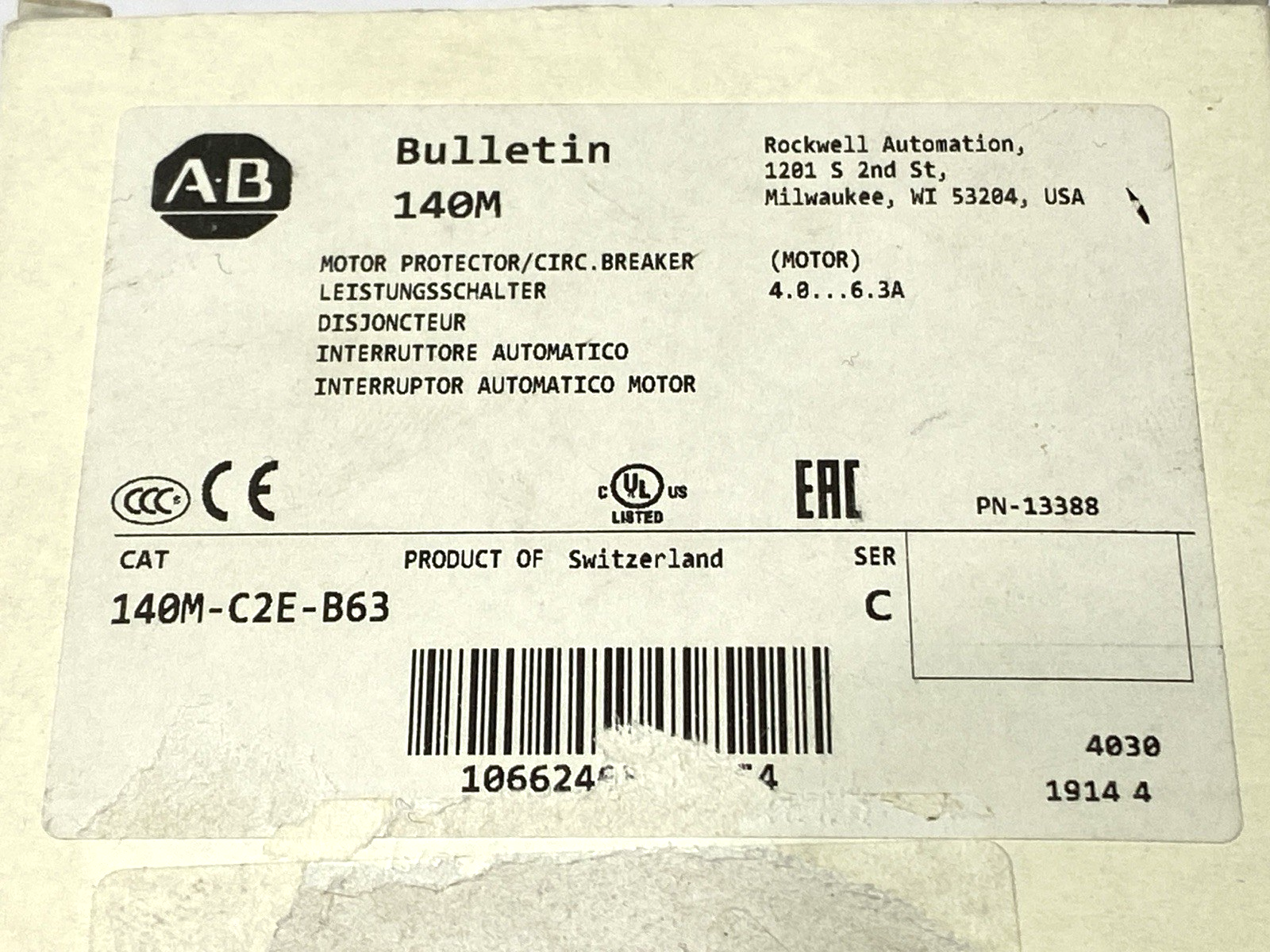 Allen Bradley 140M-C2E-B63 Motor Protector Circuit Breaker 3-Pole 4-6.3A Ser. C - Maverick Industrial Sales