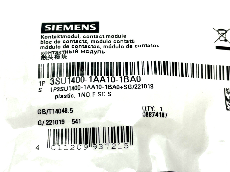 Siemens 3SU1400-1AA10-1BA0 Contact Module LOT OF 2 - Maverick Industrial Sales