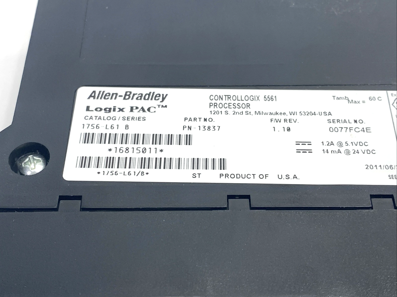 1756-L61 | Allen Bradley Ser. B ControlLogix 5561 Processor, 2MB Memory Control - Used - Maverick Industrial Sales