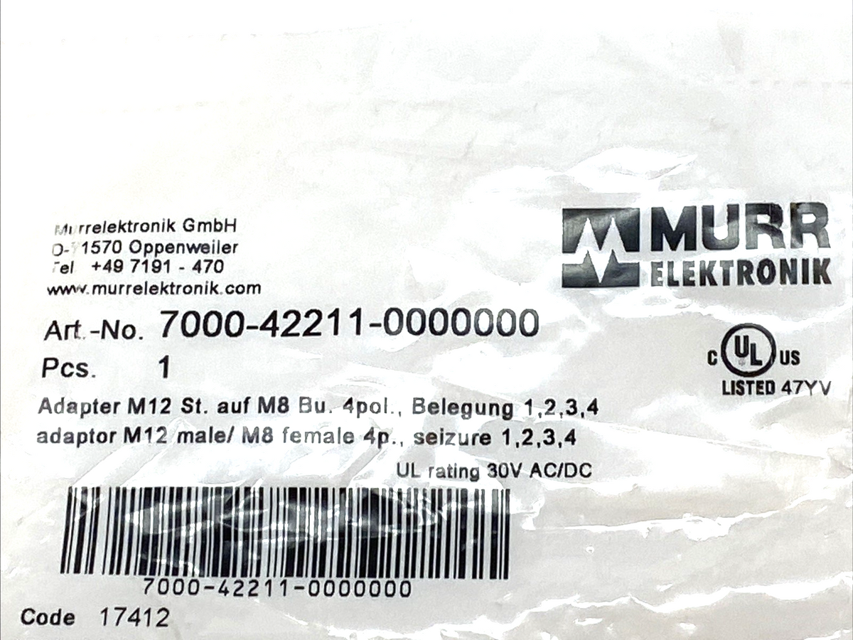 7000-42211-0000000 | Murr Elektronik Adaptor M12 male / M8 female A-cod. 4-pol. - New - Maverick Industrial Sales