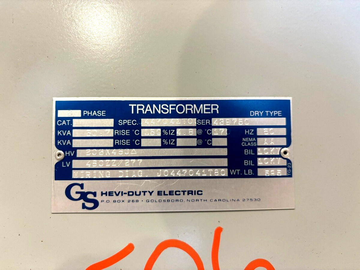 439750 | GS Hevi-Duty Electric 50.7 KVA Transformer, HV 203/460 LV 480ZZ/277, 3 Phase - Used - Maverick Industrial Sales