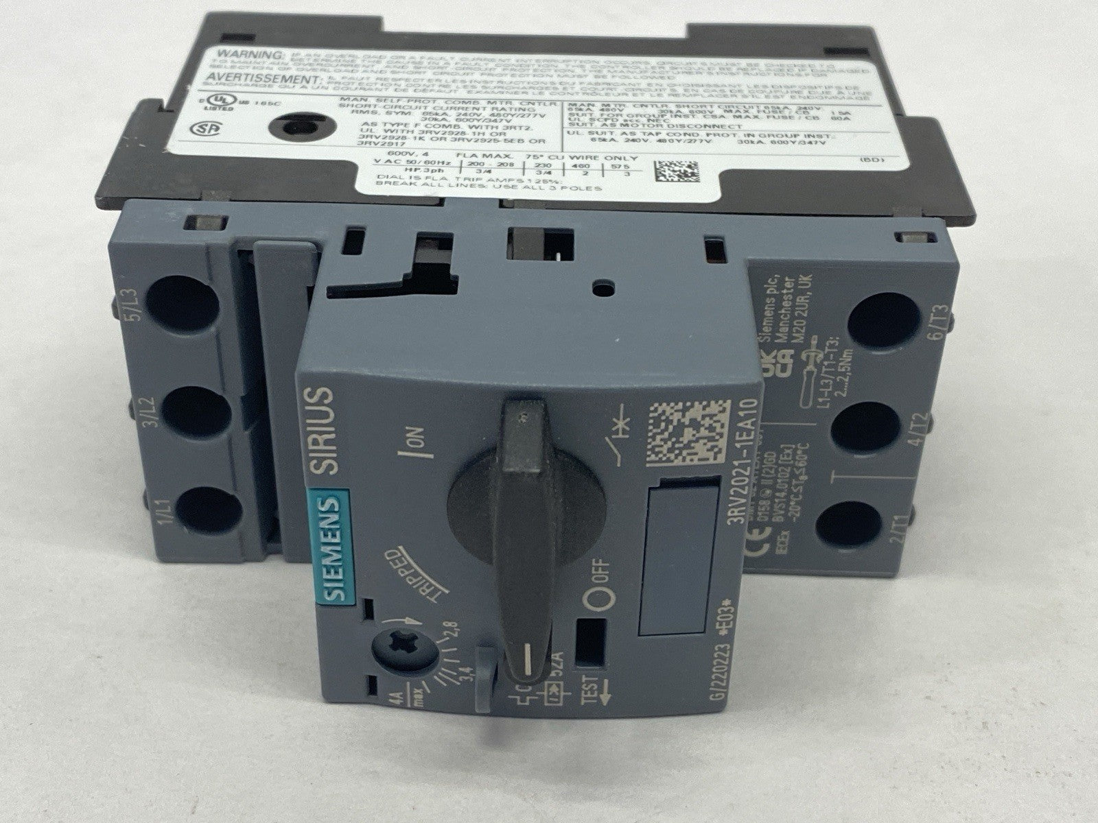 Siemens 3RV2021-1EA10 Circuit Breaker For Motor Protection 2.8-4A 52A 600V - Maverick Industrial Sales