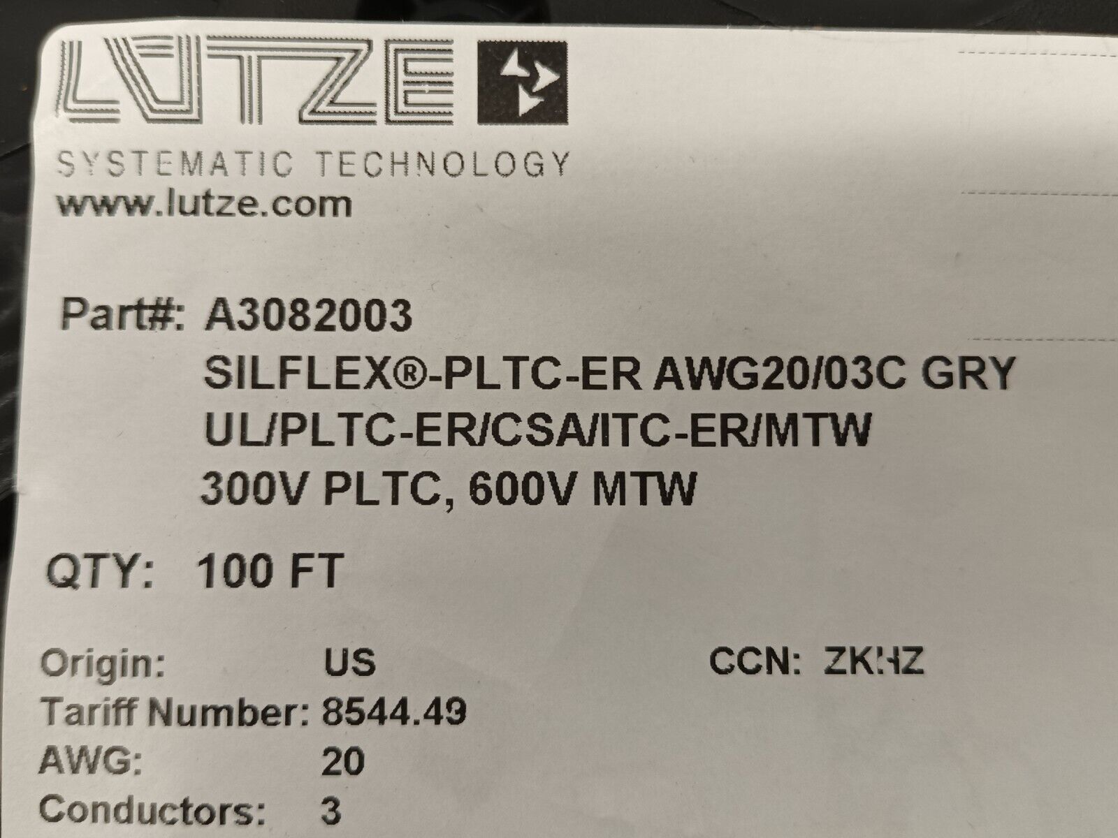Lutze A3082003 Silflex Control Cable, 3 Conductors, 20 AWG, PVC, Gray 100 FT - Maverick Industrial Sales