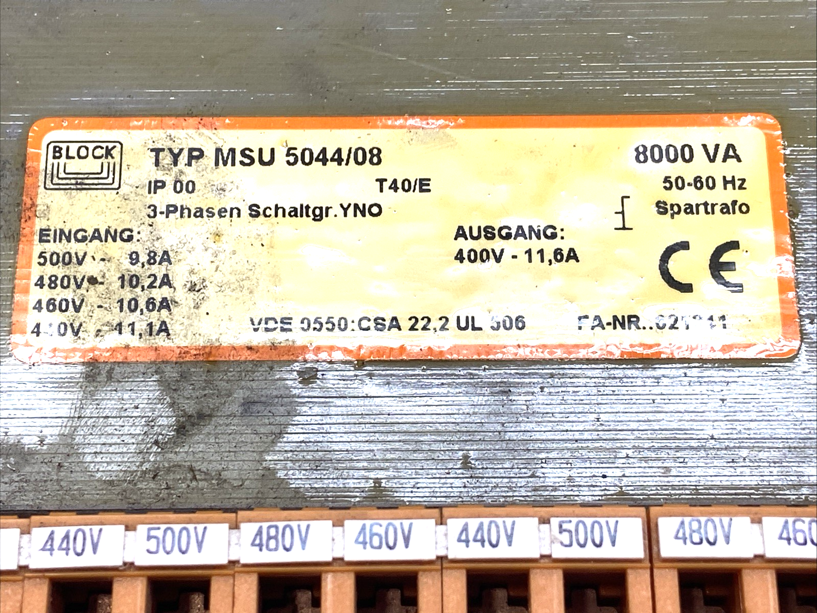 BLOCK MSU 5044/08 3-Phase Auto Transformer 8000VA 500V 50-60HZ - Maverick Industrial Sales