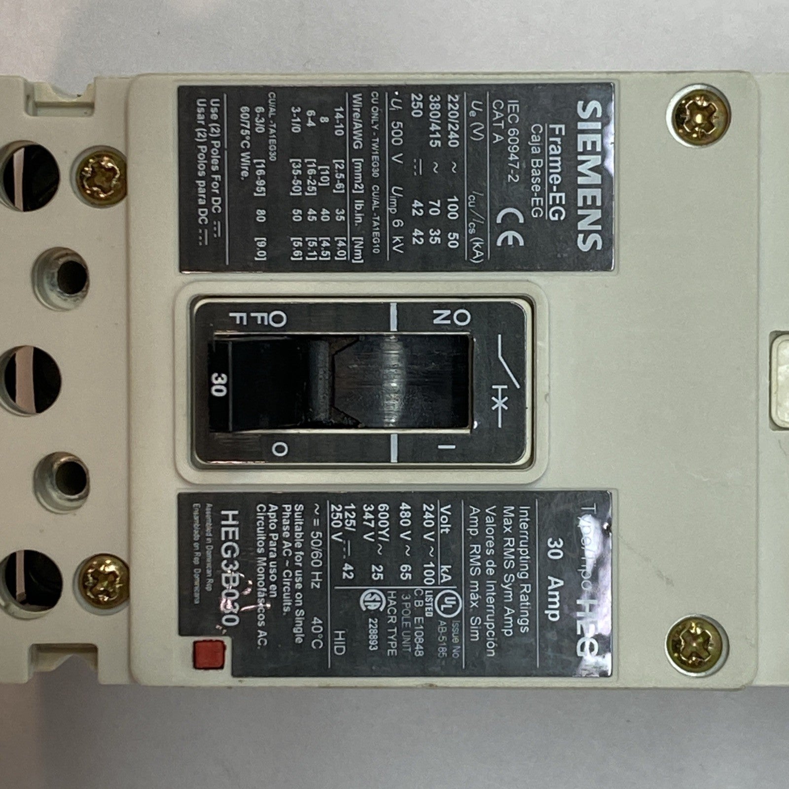 Siemens HEG3B030L Circuit Breaker 30A 600V 3PH 3 Pole Type HEG Frame EG - Maverick Industrial Sales