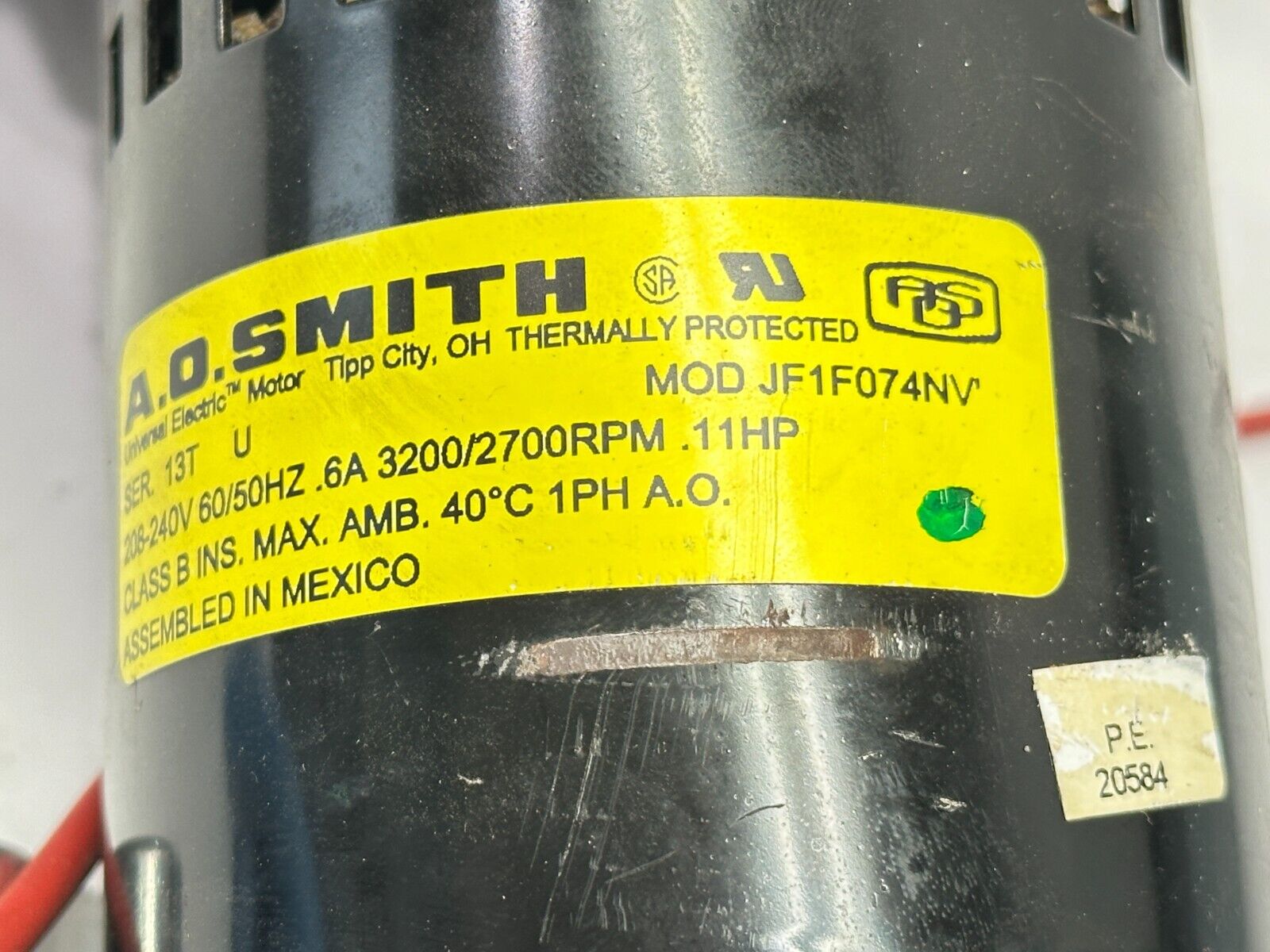 A.O. Smith JF1F074NV Blower Motor 0.11HP 3200/2700 RPM 0.6A 208-240V 1PH - Maverick Industrial Sales