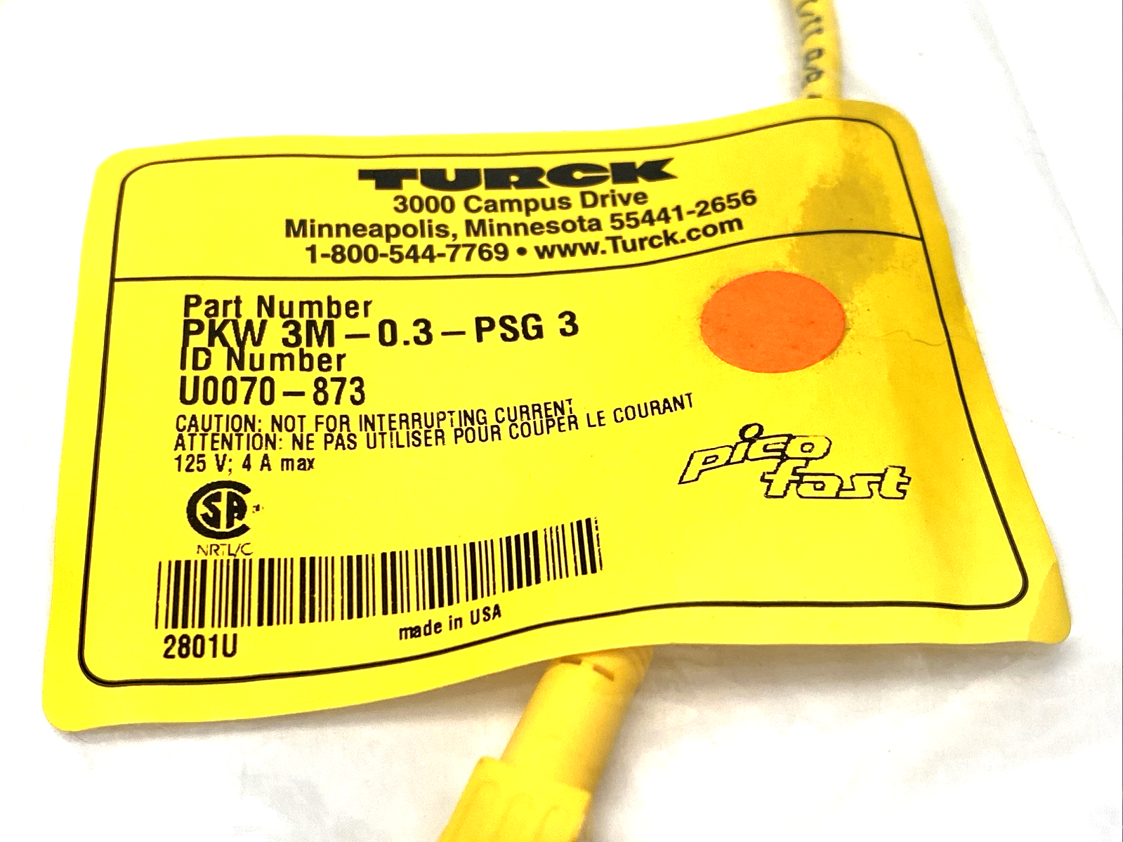 Turck PKW 3M-0.3-PSG 3 Cordset M12 Angle 3-Pin Female - Snap Male 0.3m U0070-873 - Maverick Industrial Sales