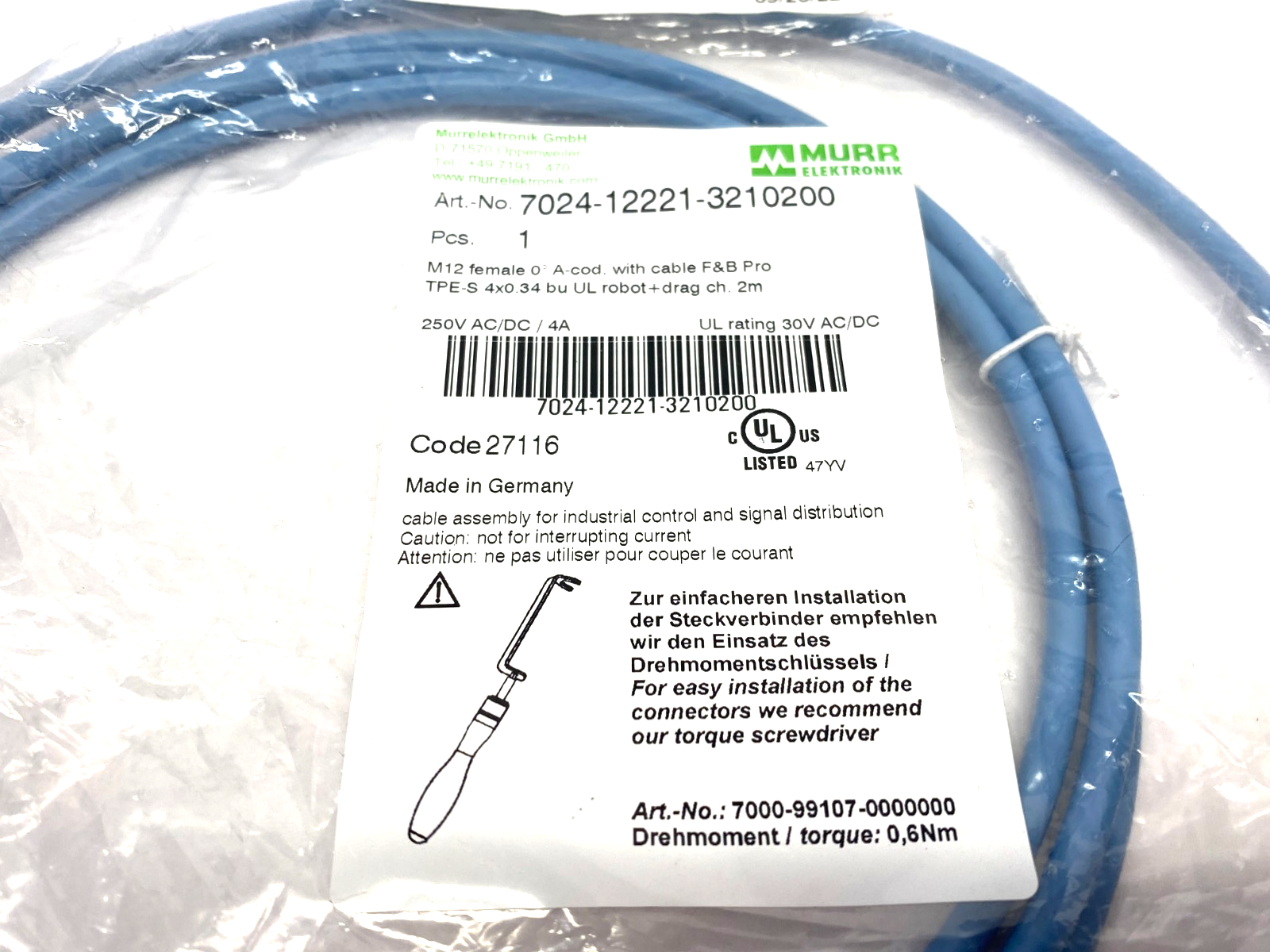 7024-12221-3210200 | Murrelektronik Single Ended M12 Steel Female Cordset 0° A-cod - New - Maverick Industrial Sales