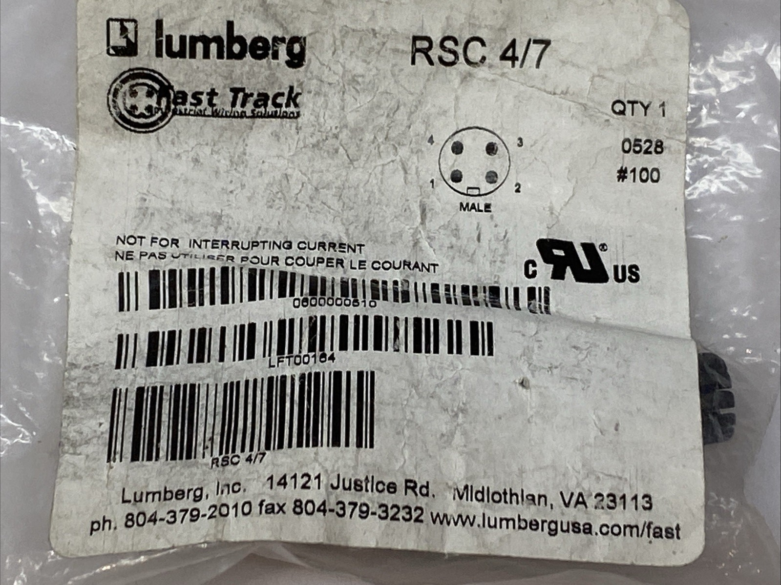 Lumberg RSC 4/7 Fast Track M12 Field Attachable Connector 4 Contact - Maverick Industrial Sales
