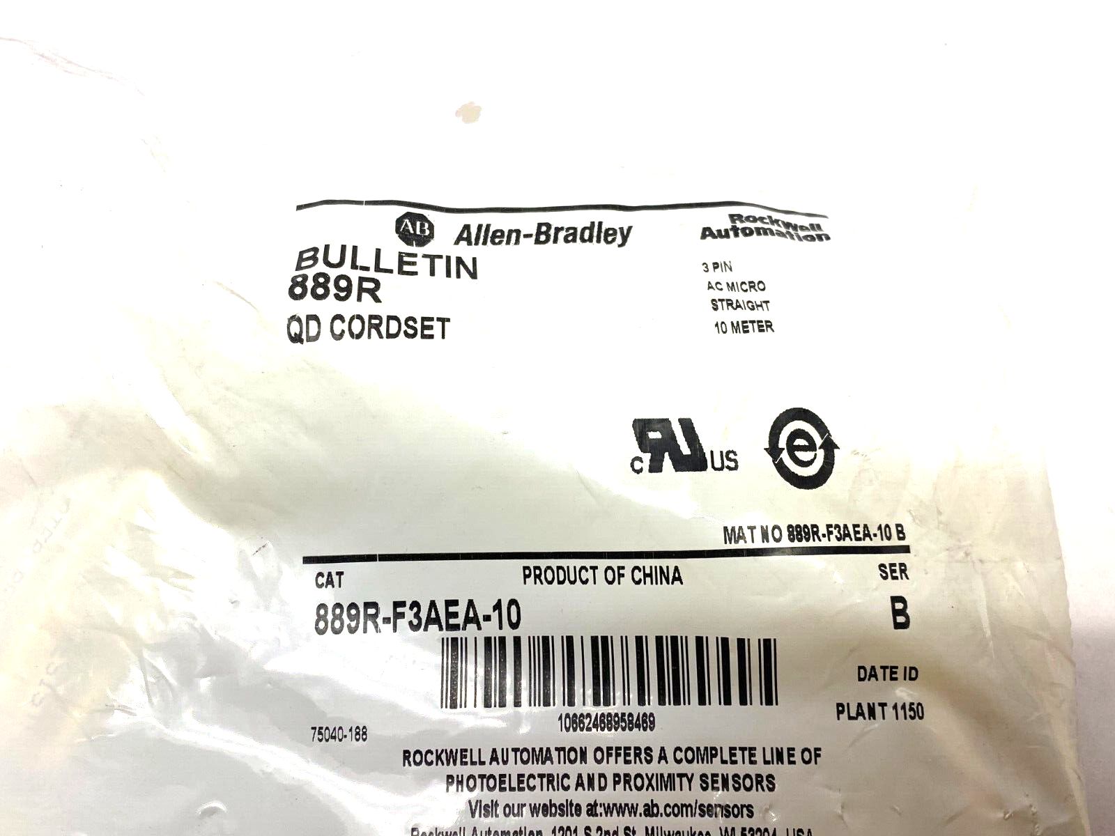 Allen Bradley 889R-F3AEA-10 Ser. B Straight AC Micro Cordset 3-Pin Female 10m - Maverick Industrial Sales