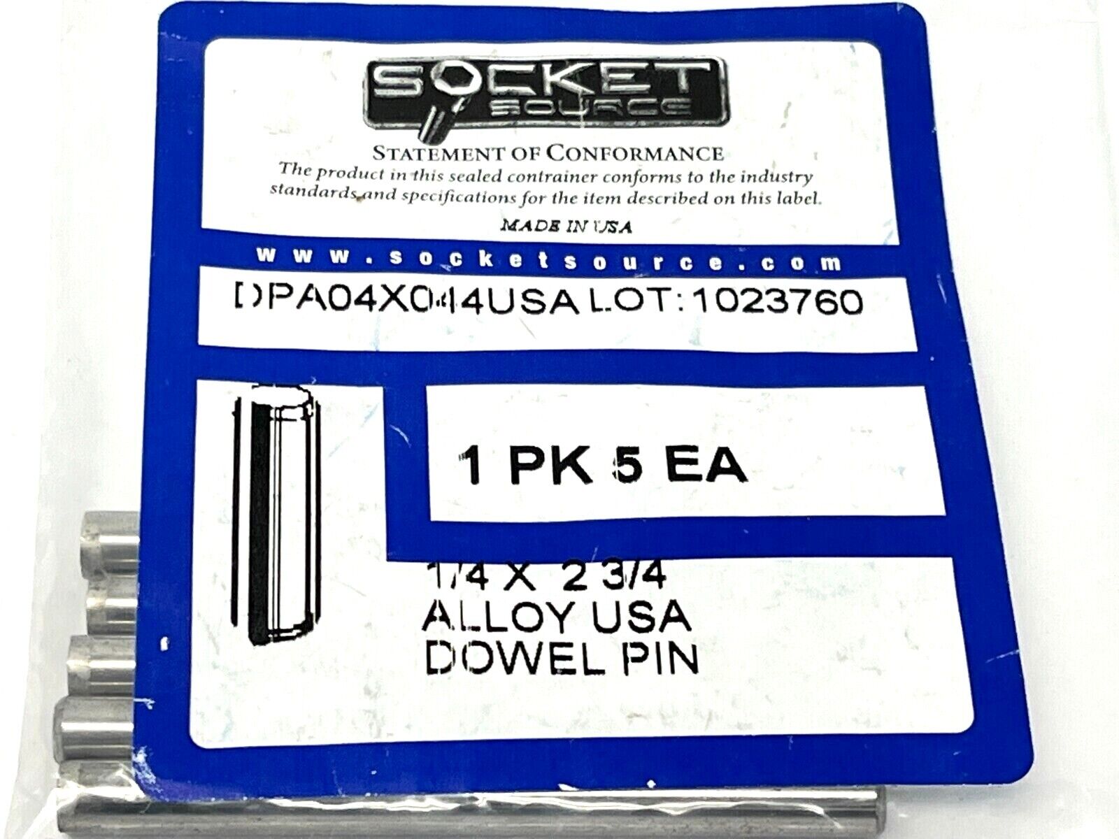 Socket Source DPA04X044USA Dowel Pin Alloy USA 1/4" X 2-3/4" PKG OF 5 - Maverick Industrial Sales