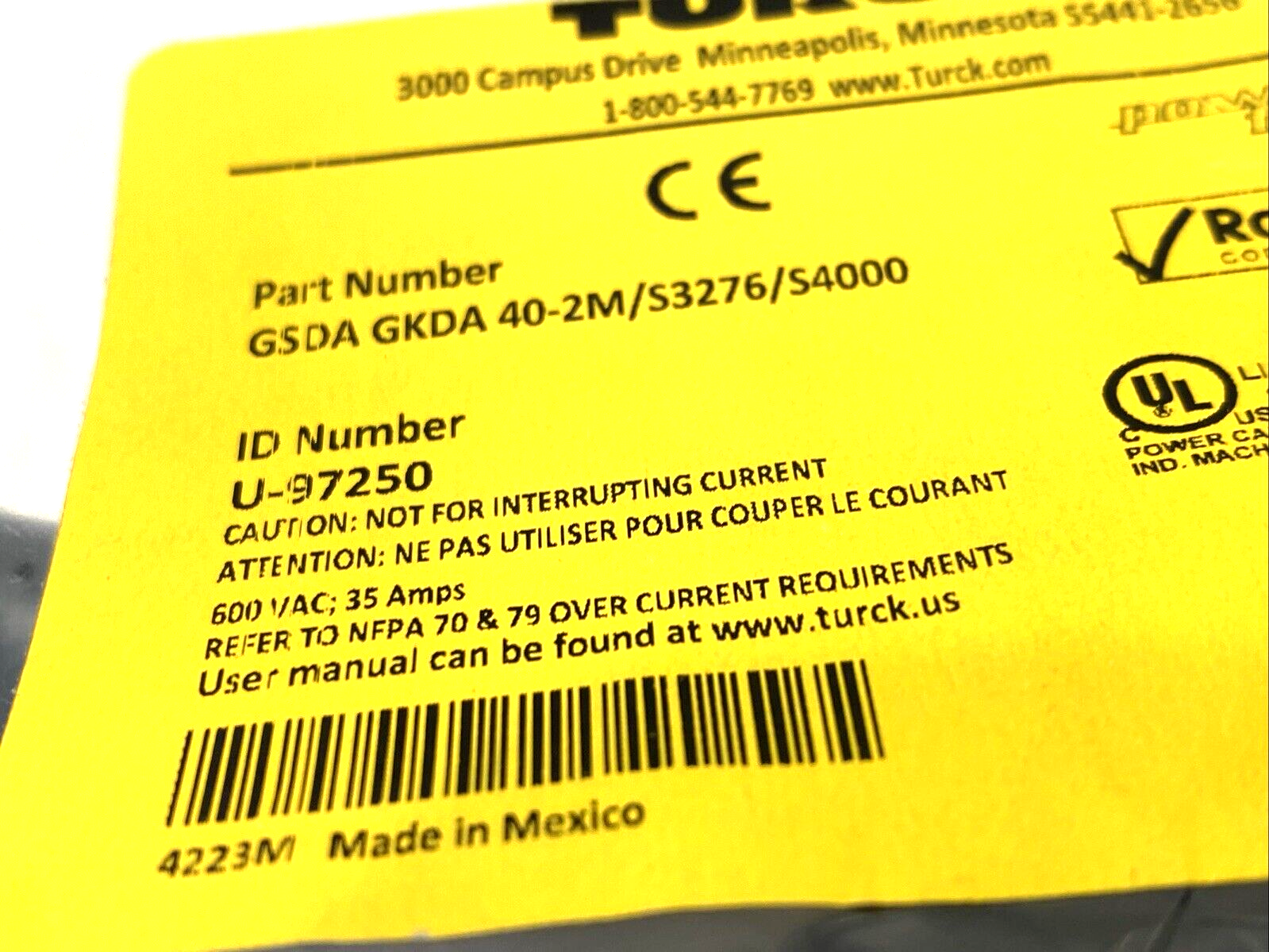 Turck GSDA GKDA 40-2M/S3276/S4000 Cordset 1-3/8" 4-Pin Male To Female 2m U-97250 - Maverick Industrial Sales