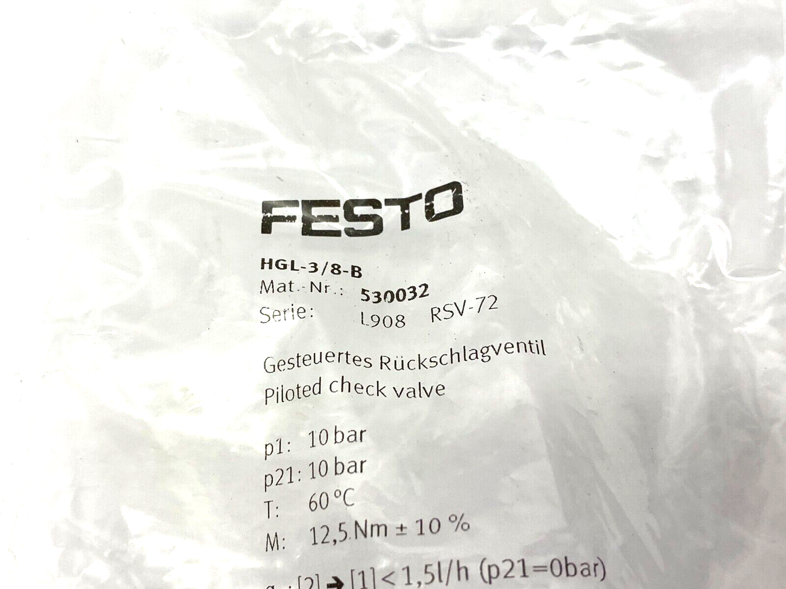 Festo HGL-3/8-B Piloted Non-Return Check Valve 530032 - Maverick Industrial Sales