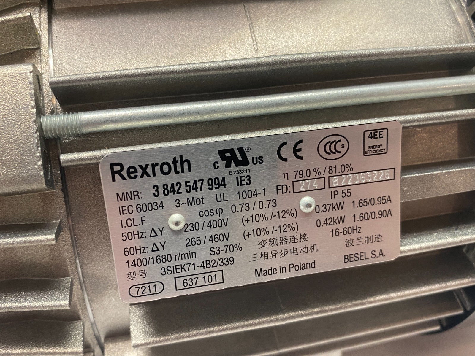 Bosch Rexroth 3842547994 Electric Motor 3-Phase 0.42kW 3SIEK71-4B2/339 - Maverick Industrial Sales