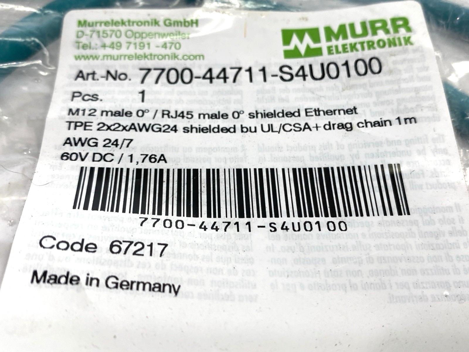 Murrelektronik 7700-44711-S4U0100 Double-Ended M12 M to RJ45 Ethernet Cordset 1m - Maverick Industrial Sales