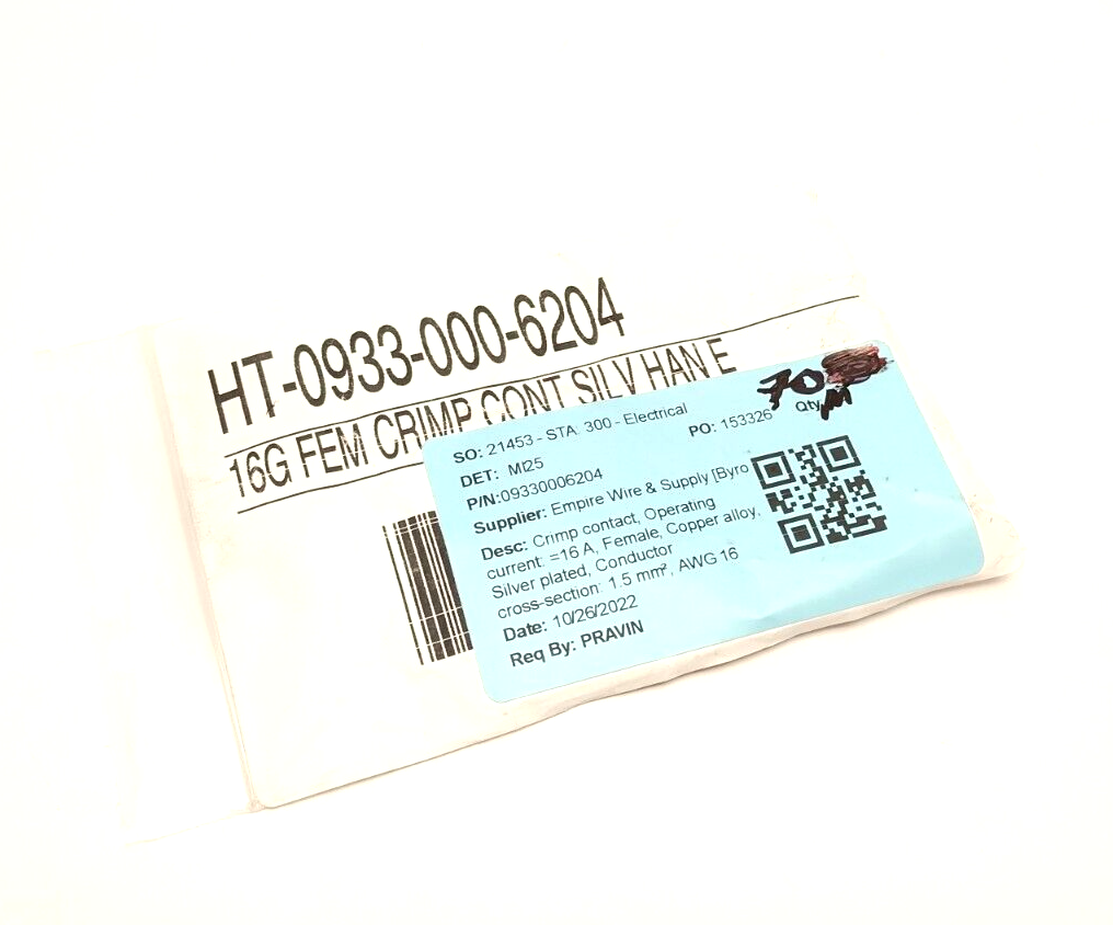 Harting HT-0933-000-6204 Han 16G Female Crimp Contact Ag 1.5mm 16AWG LOT OF 70 - Maverick Industrial Sales
