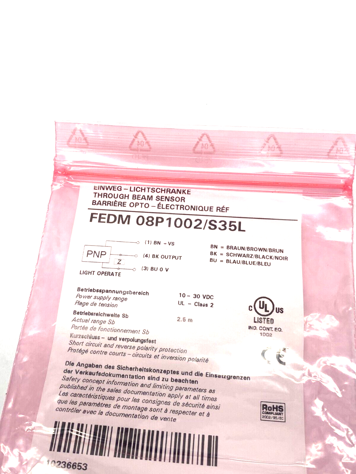 Baumer FEDM 08P1002/S35L Through-Beam Sensor 3-Pin M8 10-30VDC 10236653 - Maverick Industrial Sales
