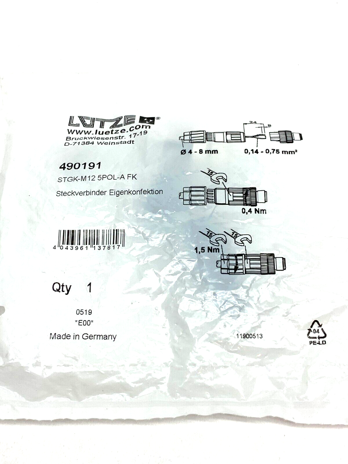 Lutze 490191 Field Wireable Connector M12 Straight STGK-M12 5POL-A FK - Maverick Industrial Sales