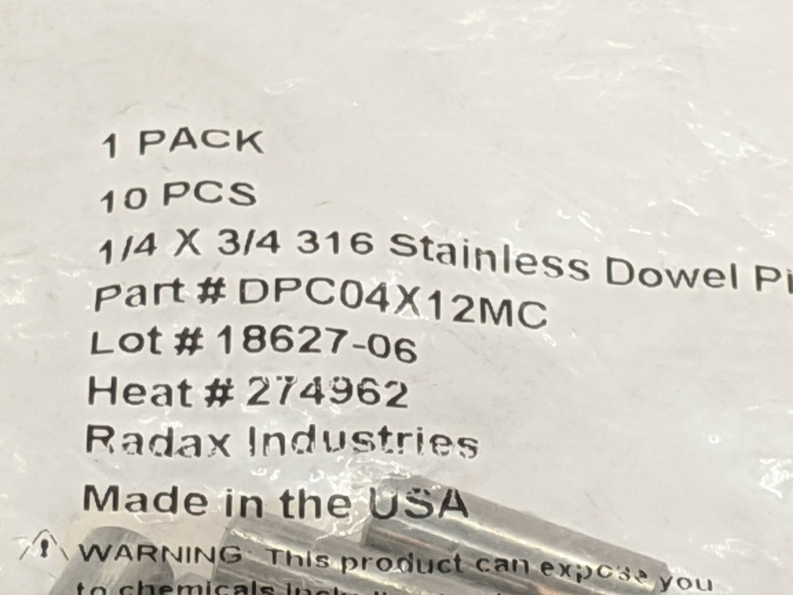 Radax Industries DPC04X12MC Stainless Dowel Pin 1/4" x 3/4" PKG OF 10 - New - Maverick Industrial Sales