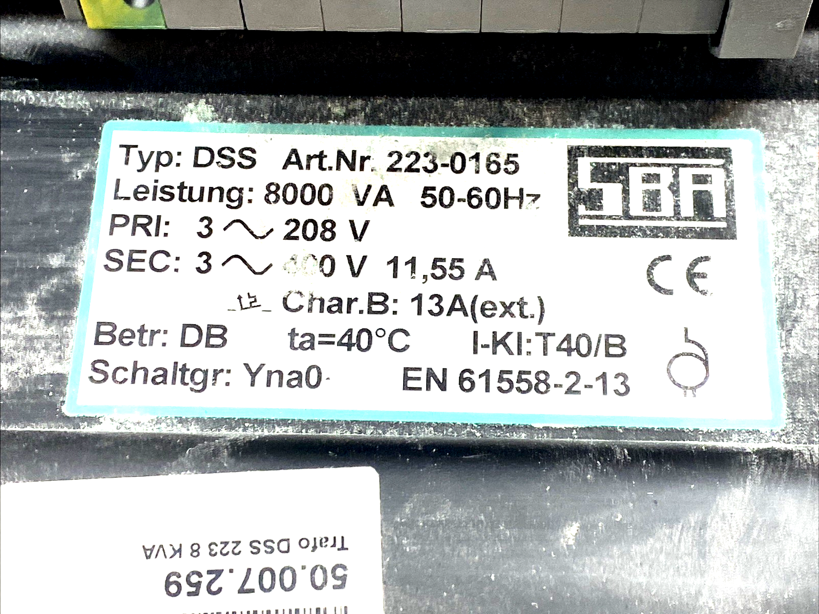 SBA DSS 223-0165 8kVA 3PH 208V to 400V Autotransformer 50.007.259 - Maverick Industrial Sales