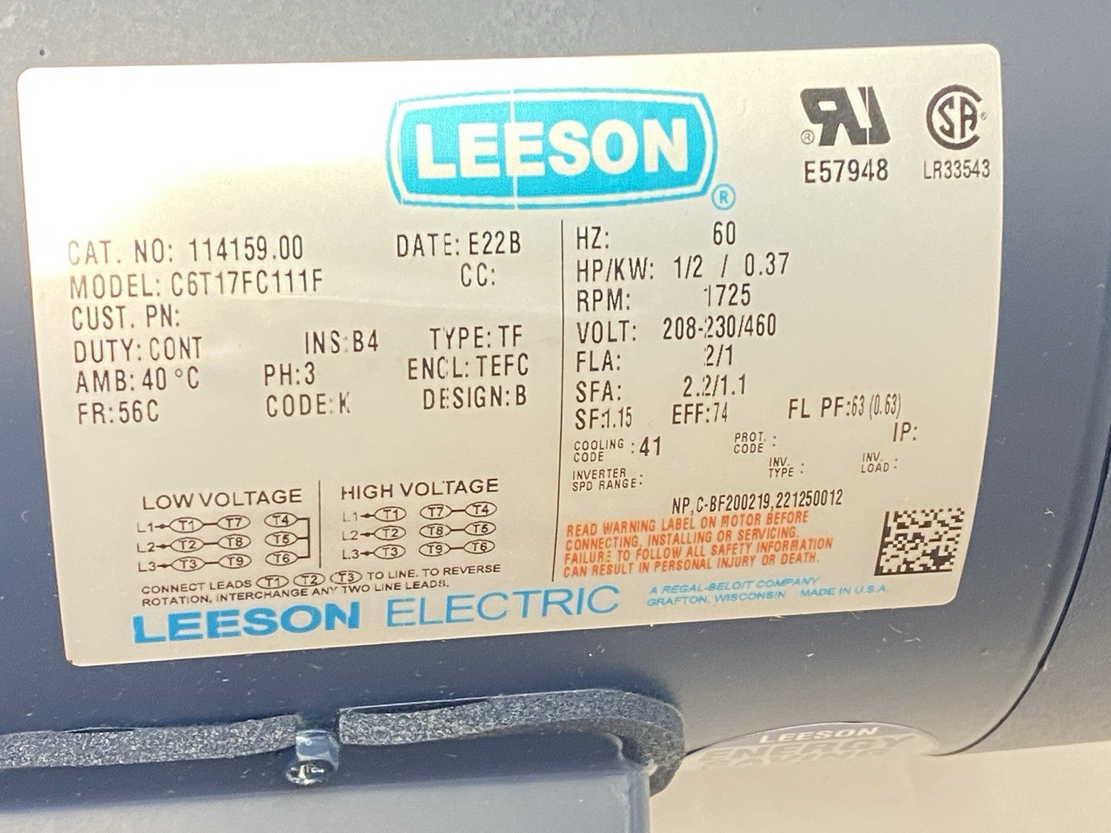 Leeson 114159.00 Electric Brake Motor 1/2HP 1725RPM 208-230/460V 3PH C6T17FC111F - Maverick Industrial Sales