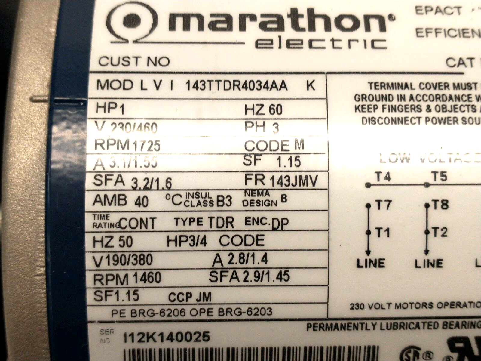 Marathon Electric MOD LVI 143TTDR4034AA K AC Motor 1HP 3PH 230/460V 1725 RPM - New – Open box - Maverick Industrial Sales