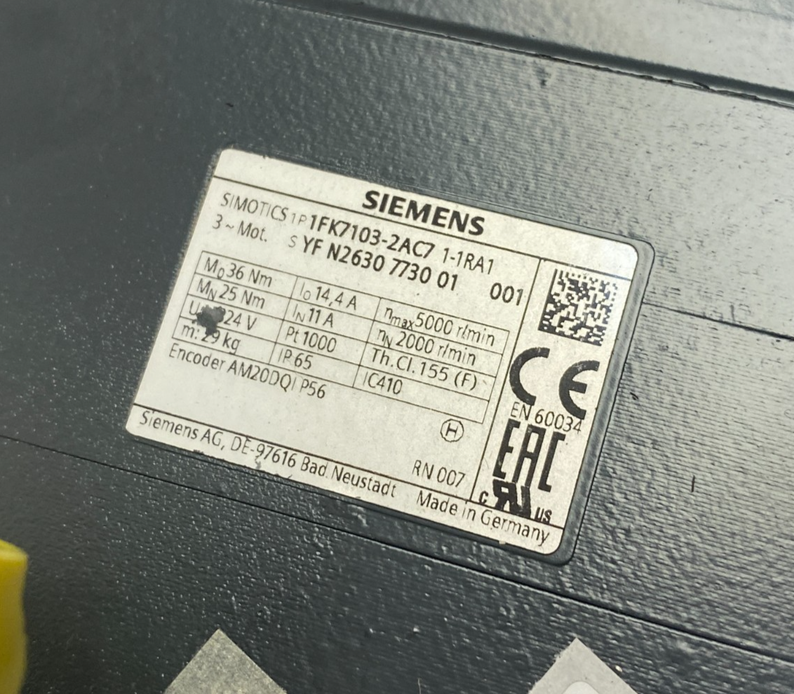 Siemens 1FK7103-2AC71-1RA1 SIMOTICS S Synchronous Motor 1FK7-CT PN=5.2kW - Maverick Industrial Sales
