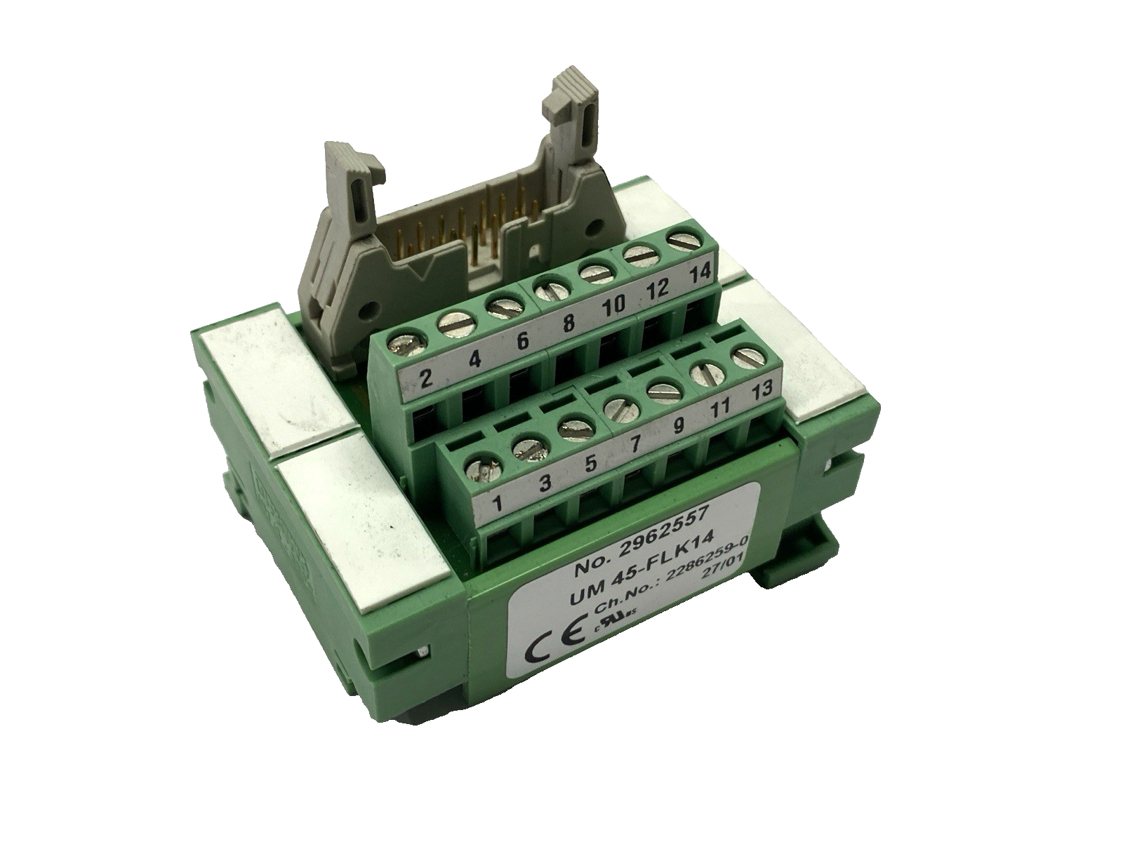 UM 45-FLK14 | Phoenix Contact Termination Board 2962557 BROKEN DIN LATCH - Used - Maverick Industrial Sales