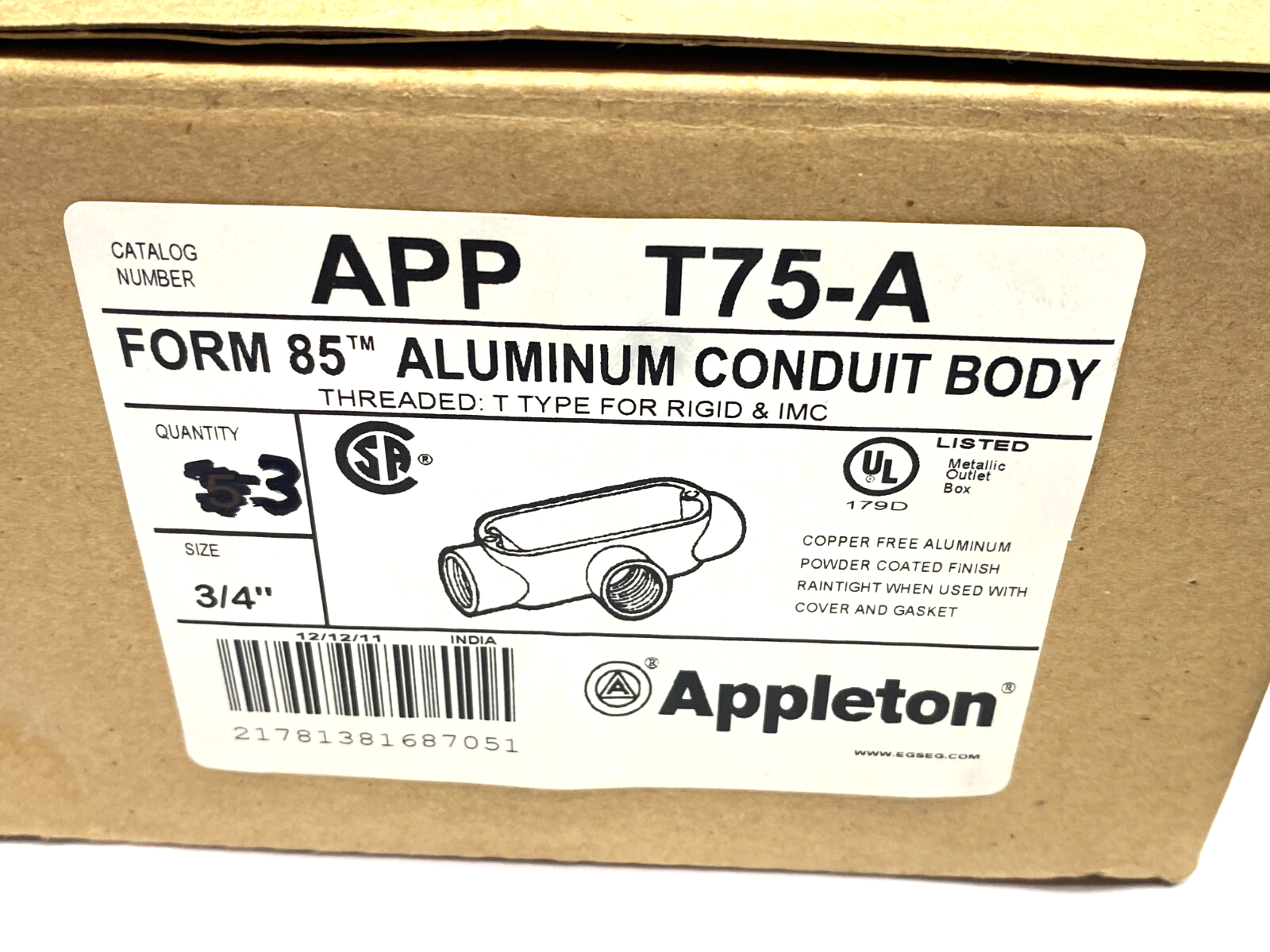 EGS Appleton T75-A Form 85 Aluminum Conduit Body 3/4" for Rigid and IMC BOX OF 3 - New – Open box - Maverick Industrial Sales