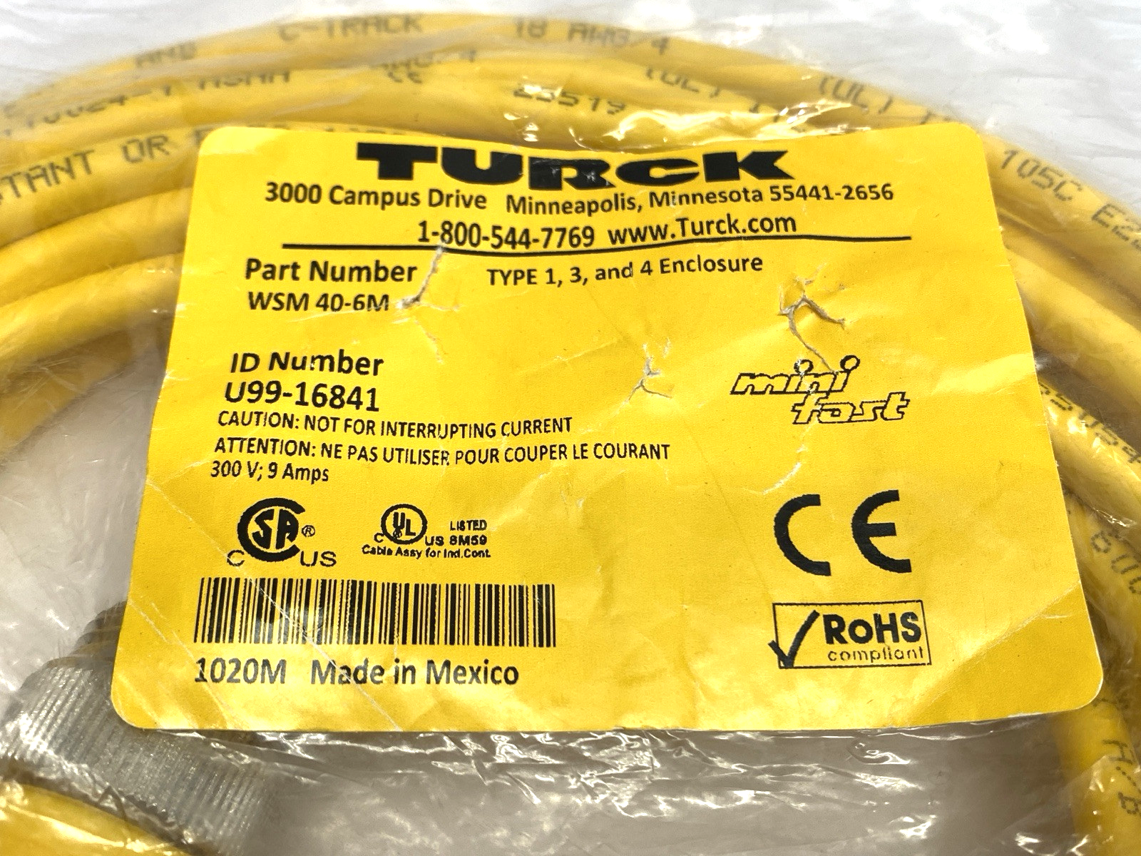 Turck WSM 40-6M Single-Ended MiniFast Male 4-Pin Cordset U99-16841 - Maverick Industrial Sales