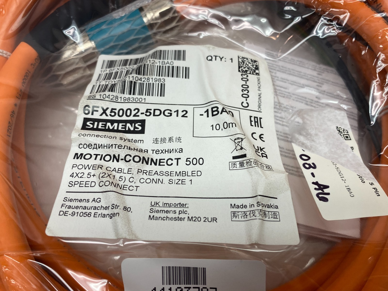 Siemens 6FX5002-5DG12-1BA0 MOTION-CONNECT 500 Power Cable Assembly - Maverick Industrial Sales