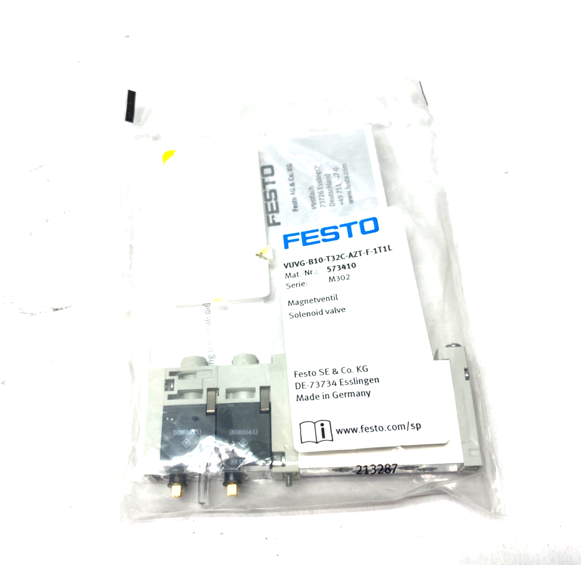Festo VUVG-B10-T32C-AZT-F-1T1L Solenoid Valve 2x3 2-Way Monostable Closed 573410 - Maverick Industrial Sales