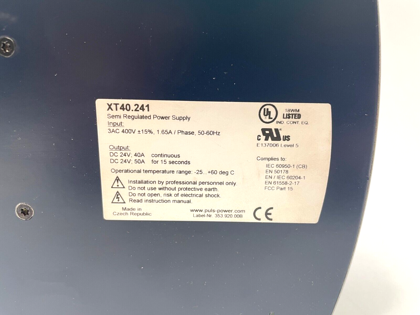 Puls XT40.241 Dimension Semi Regulated Power Supply, 24V, 40A Output, 3AC 400V - Maverick Industrial Sales