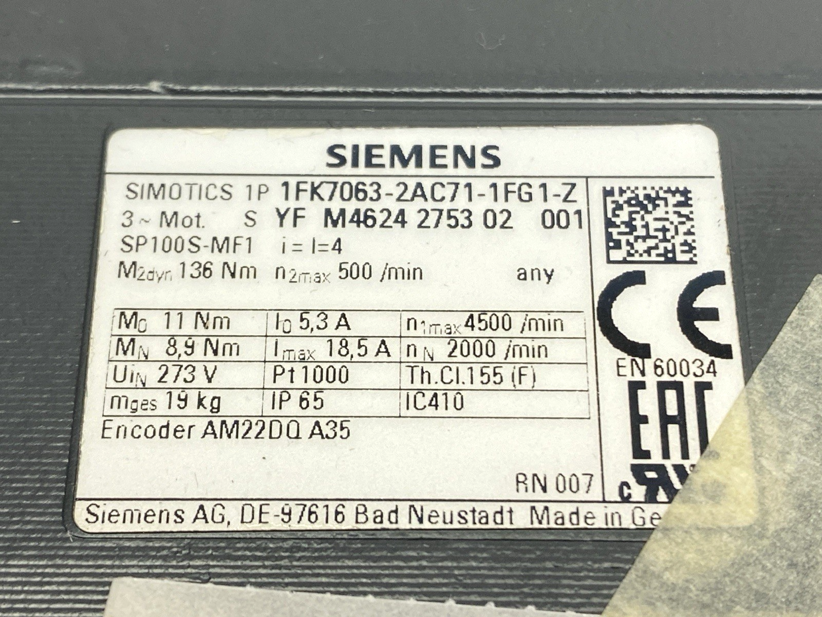 1FK7063-2AC71-1FG1-Z | Siemens SIMOTICS S-1FK7 Servo Geared Motor, Compact 2000rpm - New – Open box - Maverick Industrial Sales